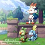 :d blue_sky closed_mouth cloud cloudy_sky commentary copyright_name creature dated day english_commentary full_body gen_8_pokemon grookey highres kivwolf lake no_humans open_mouth outdoors pokemon pokemon_(creature) scorbunny signature sitting sky smile sobble standing tree water 