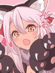  1girl bangs bare_shoulders black_leotard blush breasts cat_tail chawan_(yultutari) chloe_von_einzbern claws cosplay dark_skin fang fate/kaleid_liner_prisma_illya fate_(series) fur_collar gloves hat hat_ribbon heart highres illyasviel_von_einzbern illyasviel_von_einzbern_(cosplay) leotard long_hair looking_at_viewer open_mouth orange_eyes paw_gloves paws pink_hair red_ribbon ribbon small_breasts solo tail 