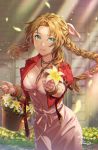  1girl aerith_gainsborough basket belt belt_buckle bow bracelet breasts brown_belt brown_eyes buckle buttons chromatic_aberration church cleavage collarbone cropped_jacket daisy dress final_fantasy final_fantasy_vii final_fantasy_vii_remake fingernails flower green_eyes hair_bow hair_ribbon highres holding holding_flower iria_splash jacket jewelry light_particles light_rays lily_(flower) long_hair looking_at_viewer medium_breasts open_clothes open_jacket parted_lips petals pink_bow pink_dress pink_ribbon red_flower red_jacket red_rose ribbon rose short_sleeves sidelocks signature smile solo twitter_username undone_belt unzipped yellow_flower zipper 