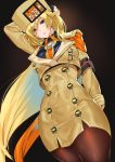  adjusting_hair ashiomi_masato black_background black_gloves blonde_hair blue_eyes brown_coat coat eyes_visible_through_hair fingerless_gloves fur_hat gloves guilty_gear guilty_gear_strive hat long_hair millia_rage pantyhose peacoat simple_background ushanka 