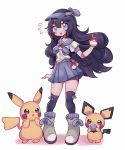  1girl :o black_hair black_legwear blue_eyes blue_skirt blush clarevoir commentary commission creature english_commentary eyelashes flat_chest full_body gen_1_pokemon gen_2_pokemon hair_between_eyes holding holding_poke_ball long_hair looking_at_viewer original pichu pikachu poke_ball pokemon pokemon_(creature) shadow shoes simple_background skirt white_background 