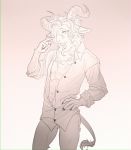  2020 a09605950281 anthro beastars blue_eyes bovid caprine clothed clothing goat hand_on_hip hi_res horn looking_at_viewer male mammal open_shirt pina_(beastars) shirt solo topwear 