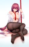  absurdres bare_shoulders black_legwear breasts cleavage fate/grand_order fate_(series) feet gae_bolg highres holding holding_weapon large_breasts legs long_hair looking_at_viewer necktie ninainaidesss nipples no_bra open_clothes open_shirt pantyhose polearm purple_hair red_eyes red_hair red_neckwear scathach_(fate)_(all) scathach_(fate/grand_order) see-through shirt soles spear thighs weapon white_shirt 
