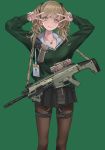  1girl angled_foregrip aqua_nails arms_up assault_rifle bangs black_skirt blonde_hair buckle bushmaster_acr collarbone double_v ear_piercing earrings feet_out_of_frame fingernails folding_stock green_background green_eyes green_sweater gun gyaru handgun highres holster holstered_weapon id_card jewelry koh_(minagi_kou) lanyard long_fingernails long_hair long_sleeves looking_at_viewer m1911 magazine_(weapon) miniskirt mole mole_on_body mole_under_eye nail_polish necklace original pantyhose piercing pistol pleated_skirt pursed_lips rifle ring_necklace school_uniform serafuku simple_background skirt sling_(weapon) solo sweater thigh_strap tied_hair twintails v v_over_eye wavy_hair weapon 