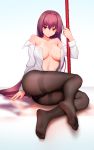  absurdres bare_shoulders black_legwear breasts cleavage fate/grand_order fate_(series) feet gae_bolg highres holding holding_weapon lance large_breasts legs long_hair looking_at_viewer ninainaidesss no_bra open_clothes open_shirt pantyhose polearm red_eyes red_hair scathach_(fate)_(all) scathach_(fate/grand_order) see-through shirt soles thighs weapon white_shirt 