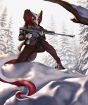  2020 anthro breasts day detailed_background digital_media_(artwork) eruca female hi_res holding_gun holding_object holding_weapon non-mammal_breasts outside red_eyes reptile scalie sky snake snow solo weapon 