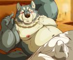  2019 anthro balls_outline bedding belly blanket blush bulge canid canine canis clothing erection erection_under_clothing genital_outline humanoid_hands kemono male mammal moobs navel nipples overweight overweight_male penis_outline raichoclub solo wolf 