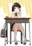  1girl bag bag_charm black_hair book bookbag bow bowtie chair charm_(object) chin_rest closed_mouth convenient_leg desk eraser full_body green_neckwear highres holding holding_pencil kneehighs knees_together_feet_apart long_hair long_sleeves looking_at_viewer miniskirt notebook open_book pencil pencil_case school_desk shinozaki_himeno shinozaki_himeno_no_koigokoro_q_&amp;_a shoes sitting skirt solo sweater uruu_gekka uwabaki white_legwear 