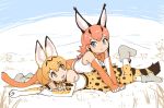  2girls :3 :d animal_ears bare_shoulders black_hair blonde_hair bow bowtie caracal_(kemono_friends) caracal_ears caracal_tail clenched_hands elbow_gloves eyebrows_visible_through_hair frilled_skirt frills gloves grass hair_between_eyes hill kemono_friends looking_at_another lying lying_on_person multicolored_hair multiple_girls on_stomach open_mouth orange_bow orange_hair rumenia_(ao2is) serval_(kemono_friends) serval_ears serval_print serval_tail short_hair skirt sleeveless smile tail two-tone_hair white_background 