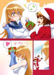  1boy 1girl blonde_hair blush breasts brown_eyes brown_hair christmas closed_mouth fingerless_gloves gloves highres large_breasts long_hair mattari_yufi open_mouth school_uniform sleeveless smile tenjouin_asuka yuu-gi-ou yuu-gi-ou_gx yuuki_juudai 