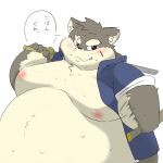  1:1 anthro belly big_belly blush bodily_fluids canid canine canis check_translation chubby_cheeks clothed clothing dialogue domestic_dog facial_scar fur grey_body grey_fur hamatnk holding_object holding_sword holding_weapon jacket japanese_text male mammal melee_weapon moobs moritaka nipples obese obese_male open_jacket overweight overweight_male scar simple_background solo speech_bubble sweat sword text tokyo_afterschool_summoners topwear translation_check video_games weapon white_background 