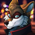  anthro blue_eyes blurred_background canid canine canis city city_background darkflamewolf fan_character female headshot_portrait lights mammal mask murana_wolford_(darkflame-wolf) portrait smile solo unknown_artist vigilante wolf 