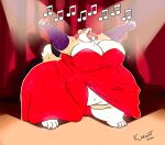  anthro big_breasts breasts canid canine canis clothing domestic_dog dress female huge_breasts kazecat mammal musical_note obese obese_female overweight overweight_female singing solo 