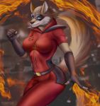  absurd_res action_pose anthro belt belt_buckle breasts canid canine canis clothing darkflamewolf elemental_manipulation fan_character female fire fire_manipulation flowerxl hi_res mammal mask murana_wolford_(darkflame-wolf) pose solo suit suit_symbol tight_clothing vigilante wolf 