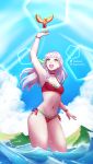  1girl :d absurdres bangle bikini blue_sky bracelet breasts cleavage cloud cloudy_sky cowboy_shot fire_emblem fire_emblem:_radiant_dawn groin half_updo highres jewelry lialiar1 long_hair looking_up medium_breasts micaiah_(fire_emblem) navel open_mouth red_bikini side-tie_bikini silver_hair sky smile solo swimsuit twitter_username yellow_eyes 