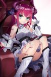  1girl absurdres blue_eyes boots breasts detached_sleeves dragon_horns dress elizabeth_bathory_(fate) elizabeth_bathory_(fate)_(all) eyebrows_visible_through_hair fate/extra fate/grand_order fate_(series) frilled_dress frilled_sleeves frills hair_ornament hair_ribbon highres horns long_hair looking_at_viewer pink_hair plaid plaid_skirt pointy_ears ribbon sitting skirt small_breasts smile solo white_footwear 