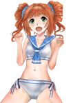  1girl bikini blue_sailor_collar brown_hair collarbone drill_hair green_eyes idolmaster looking_at_viewer sailor_bikini sailor_collar sailor_swimsuit_(idolmaster) side-tie_bikini simple_background solo swimsuit takatsuki_yayoi tenzen_(banridokkou) twintails white_background white_swimsuit 