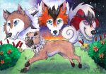  2017 black_nose blue_eyes brown_body canid canine dusk_lycanroc evolutionary_family feral flower grass green_eyes hair lycanroc mammal midday_lycanroc midnight_lycanroc nintendo orange_body painting_(artwork) pink_nose plant pok&eacute;mon pok&eacute;mon_(species) red_body red_eyes rockruff running sweet_t00th_art tongue traditional_media_(artwork) video_games watercolor_(artwork) white_hair 