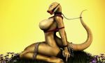  2018 anthro ball_gag bdsm blue_eyes bondage bound breasts chain claws female flower gag gesture grass hi_res kneeling knock-kneed middle_finger muetank nude plant reptile rope rope_bondage scalie serpentine sitting snake solo toe_claws toes yellow_body yellow_skin 