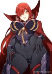  1girl bangs bodysuit breasts cameltoe cape covered_nipples fate/grand_order fate_(series) gloves hair_over_one_eye heavy_breathing highres impossible_clothes large_breasts long_hair looking_at_viewer looking_down oda_nobunaga_(fate)_(all) oda_nobunaga_(maou_avenger)_(fate) oda_uri open_mouth parted_lips red_cape red_eyes red_hair smile solo very_long_hair zeroshiki_kouichi 