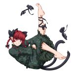  1girl animal_ears bangs barefoot black_footwear blunt_bangs braid cat_ears cat_tail closed_mouth extra_ears eyebrows_visible_through_hair fang full_body kaenbyou_rin looking_at_viewer multiple_tails ootsuki_wataru red_eyes red_hair shoes shoes_removed short_hair smile soles solo tail touhou transparent_background twin_braids 