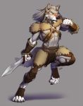  5_fingers anthro canid canine canis claws clothed clothing digital_media_(artwork) fingers fur hair hi_res holding_object holding_weapon kahito-slydeft male mammal melee_weapon pawpads paws signature simple_background solo sword teeth weapon wolf 