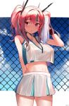  1girl :o arm_behind_back azur_lane bangs bare_shoulders blue_sky blush breasts bremerton_(azur_lane) bremerton_(scorching-hot_training)_(azur_lane) chain-link_fence cleavage cloud collarbone collared_shirt commentary_request cowboy_shot crop_top crop_top_overhang day drying eyebrows_visible_through_hair fence green_skirt grey_hair hair_between_eyes hair_intakes hair_ornament hand_up heart heart_necklace highres holding holding_towel large_breasts long_hair looking_to_the_side midriff moyasi3409854 multicolored_hair navel no_mole nose_blush pink_eyes pink_hair shirt sidelocks signature skirt sky sleeveless sleeveless_shirt solo sportswear standing streaked_hair sweat tennis_uniform towel twintails two-tone_hair two-tone_shirt two-tone_skirt white_background white_shirt white_skirt white_towel wristband 