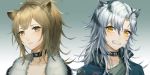  2girls absurdres animal_ears arknights bangs black_choker black_jacket blush brown_eyes brown_hair choker clenched_teeth collarbone eyebrows_visible_through_hair fangs fur-trimmed_jacket fur_trim gradient gradient_background grey_background grey_shirt high_collar highres indra_(arknights) jacket lion_ears long_hair looking_at_viewer multiple_girls portrait shao_(shao09320653) shirt siege_(arknights) silver_hair teeth tiger_ears v-shaped_eyebrows white_background yellow_eyes 