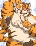 2019 anthro belly blush felid hi_res humanoid_hands kemono male mammal moobs navel nipples overweight overweight_male pantherine pink_nose pubes raichoclub solo tiger 