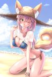  1girl absurdres animal_ear_fluff animal_ears beach bikini bikini_under_clothes blue_bikini breasts cleavage cloud cloudy_sky commentary commentary_request ears_through_headwear eyebrows_visible_through_hair fate/grand_order fate_(series) fox_ears fox_girl fox_tail hat highres kouno_ibuki large_breasts light_smile looking_at_viewer ocean one_eye_closed outdoors pink_hair shirt side-tie_bikini sitting sky solo straw_hat sweat swimsuit tail tamamo_(fate)_(all) tamamo_no_mae_(swimsuit_lancer)_(fate) wet wet_clothes wet_shirt wet_t-shirt yellow_eyes 
