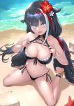  1girl :d azur_lane bare_arms bare_shoulders beach bikini black_bikini black_hair blue_eyes bracelet breasts cleavage deutschland_(azur_lane) deutschland_(service_time?!)_(azur_lane) fang flower from_above front-tie_bikini front-tie_top hair_flaps hair_flower hair_ornament halter_top halterneck hibiscus jewelry large_breasts long_hair looking_at_viewer low_twintails mokyumokyuchan multicolored_hair navel open_mouth outdoors red_flower sand side-tie_bikini sitting smile solo stomach streaked_hair swimsuit thighs twintails two-tone_hair very_long_hair wariza water 