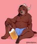  alcohol anthro beer beverage blush brown_bear brown_body brown_fur bulge clothed clothing drunk ear_piercing fur grizzly_bear hi_res horn hybrid looking_at_viewer male mammal naluzk partially_clothed piercing simple_background sitting slightly_chubby solo sparkles spread_legs spreading substance_intoxication towel towel_only umber_(oskube) ursid ursine 