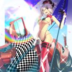  1girl artist_request asymmetrical_hair black_gloves blue_eyes boots breasts car checkered checkered_flag earrings eyebrows_visible_through_hair eyes_visible_through_hair fate/grand_order fate_(series) flag gloves ground_vehicle hair_ornament highleg highres holding holding_umbrella jewelry lamborghini large_breasts midriff miyamoto_musashi_(fate/grand_order) motor_vehicle open_mouth pink_hair ponytail race_queen rainbow solo sweat thigh_boots thighhighs umbrella underboob 