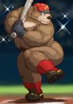  2019 anthro baseball_(sport) baseball_bat bat_(object) belly brown_body brown_fur butt clothing fur hat headgear headwear hi_res humanoid_hands kemono male mammal moobs nipples overweight overweight_male raichoclub solo sport ursid 