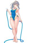  1girl bangs bare_shoulders barefoot blue_swimsuit blush breasts cleavage collarbone competition_swimsuit full_body green_eyes grey_hair hair_between_eyes highleg highleg_swimsuit highres hose kekemotsu large_breasts legs long_hair looking_at_viewer one-piece_swimsuit open_mouth original ponytail simple_background solo swimsuit white_background 