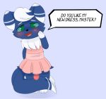  2020 anthro blue_background blue_body blue_fur blush bottomless clothed clothing crossdressing dialogue dipstick_ears dipstick_tail dress english_text front_view fur genitals girly green_eyes looking_at_viewer male meowstic multicolored_body multicolored_ears multicolored_fur multicolored_tail nintendo not_a_furfag open_mouth penis pok&eacute;mon pok&eacute;mon_(species) simple_background solo speech_bubble standing tail_between_legs text two_tone_body two_tone_fur video_games white_body white_fur 