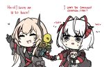  3girls ahoge arknights black_gloves black_jacket chibi closed_eyes creepy_himecchi crossover english_commentary english_text girls_frontline gloves headgear holding_hands jacket light_brown_hair long_hair long_sleeves m4_sopmod_ii_(girls_frontline) m4_sopmod_ii_jr megaphone mod3_(girls_frontline) multicolored_hair multiple_girls open_mouth red_hair ro635_(dinergate) short_hair simple_background streaked_hair w_(arknights) white_background white_hair 