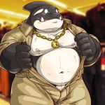  2020 anthro belly black_body blush bottomwear cetacean clothed clothing delphinoid humanoid_hands kemono male mammal marine moobs navel nipples oceanic_dolphin open_shirt orca outside overweight overweight_male pants raichoclub shirt slit solo toothed_whale topwear white_body 