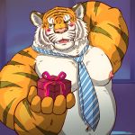  2019 anthro belly blush felid humanoid_hands kemono male mammal moobs navel necktie nipples overweight overweight_male pantherine pink_nose raichoclub solo tiger 