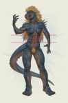  abs absurd_res anthro blonde_hair claws dinosaur female hair hi_res licking licking_lips muscular muscular_female nude pubes reptile scalie sharp_teeth shepherdart simple_background solo spikes teeth tongue tongue_out 