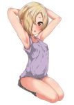  1girl :o armpits arms_behind_head arms_up bare_arms bare_shoulders blonde_hair blush commentary_request ear_piercing eku_(threshold) flat_chest full_body grey_legwear hair_over_one_eye idolmaster idolmaster_cinderella_girls legs_together looking_at_viewer open_mouth piercing purple_tank_top seiza shiny shiny_skin shirasaka_koume short_hair simple_background sitting socks solo tank_top tongue white_background 