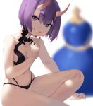  1girl absurdres alternate_costume bangs bare_arms bare_legs bare_shoulders black_panties blurry blurry_background bob_cut breasts clothing_request commentary_request eyebrows_visible_through_hair fang fate/grand_order fate_(series) grin highres horns looking_at_viewer medium_breasts navel oni oni_horns panties purple_eyes purple_hair red_nails short_eyebrows short_hair shuten_douji_(fate/grand_order) skin-covered_horns smile solo underwear v yoonsemo 