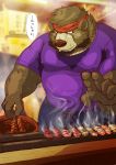  2019 anthro bodily_fluids bottomwear brown_body brown_fur clothing cooking food fur hi_res humanoid_hands japanese_text kemono male mammal overweight overweight_male pants raichoclub shirt solo sweat text topwear ursid 