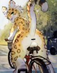  2020 absurd_res anthro anus backsack balls bicycle bodily_fluids butt car censored countershade_face countershade_feet countershade_tail countershading detailed_background felid feline felis fur genital_fluids genitals green_eyes head_tuft hi_res ineffective_censorship kemono kiyosan_(artist) leaf leopard_spots looking_at_viewer looking_back male mammal multicolored_body multicolored_fur nude outside precum presenting presenting_anus presenting_hindquarters public rear_view road solo spots tree tuft two_tone_body two_tone_fur vehicle voyeur whiskers white_body white_fur yellow_body yellow_fur 
