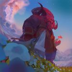  beard clothed clothing cloud daria_arbuz facial_hair field fingers fire flower hair hammer holding_object holding_weapon horn league_of_legends looking_at_viewer male mustache ornn_(lol) plant riot_games sky solo standing star tools video_games weapon 