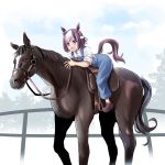  1:1 2020 ambiguous_gender animal_humanoid bridle brown_body brown_eyes brown_fur brown_hair clothed clothing duo equid equid_humanoid equine equine_humanoid female feral footwear fur hair horse horse_humanoid humanoid mammal mammal_humanoid overalls purple_eyes riding saddle shoes special_week_(pretty_derby) tonpuu uma_musume_-_pretty_derby 