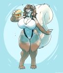  &lt;3 anthro big_breasts breasts burger cleavage clothed clothing curvaceous curvy_figure danji-isthmus food hi_res mammal mephitid skunk solo standing thick_thighs voluptuous wide_hips 