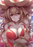  1girl bare_shoulders braid breast_grab breasts brown_hair charybdis_(granblue_fantasy) cleavage collarbone eyebrows_visible_through_hair girl_on_top grabbing granblue_fantasy head_tilt highres hirotan_insitao large_breasts long_hair looking_at_viewer monster_girl nipples parted_lips pov red_eyes underwater very_long_hair wrist_grab 