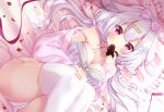  animal_ears bed blush bow bra breasts bunny_ears cameltoe chocolate gray_hair hamikoron open_shirt original panties purple_eyes thighhighs twintails underwear 