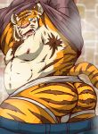  2019 anthro belly bottomwear bulge clothed clothing felid hi_res jockstrap kemono male mammal moobs navel nipples open_shirt overweight overweight_male pantherine pants raichoclub shirt solo tiger topwear underwear undressing 